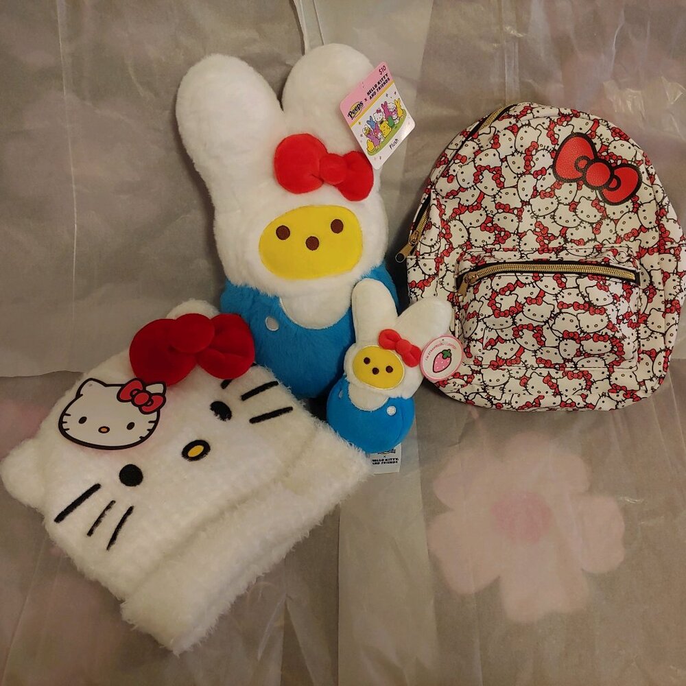 Peeps x Hello Kitty 12" and 6" plush, Hello Kitty Backpack, Hat, and Mug